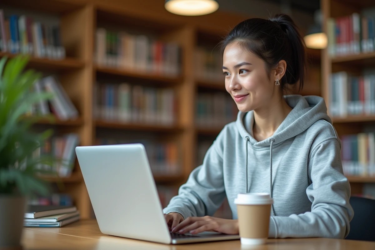 Étudiante connectée à l'ENT Paris Nanterre sur son ordinateur portable dans une bibliothèque universitaire moderne