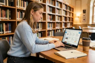 Étudiante utilisant le portail ENT de l'université de Normandie pour rechercher un stage ou une alternance