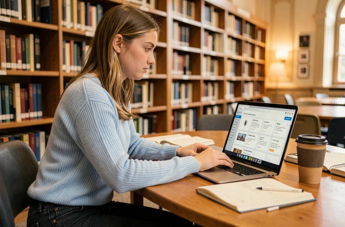 Étudiante utilisant le portail ENT de l'université de Normandie pour rechercher un stage ou une alternance