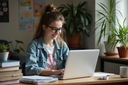 Jeune &eacute;tudiante assise &agrave; son bureau dans un appartement &eacute;tudiant