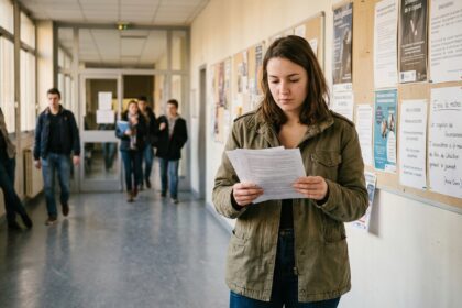 Étudiante en fac de cinéma consultant ses cours dans un couloir universitaire