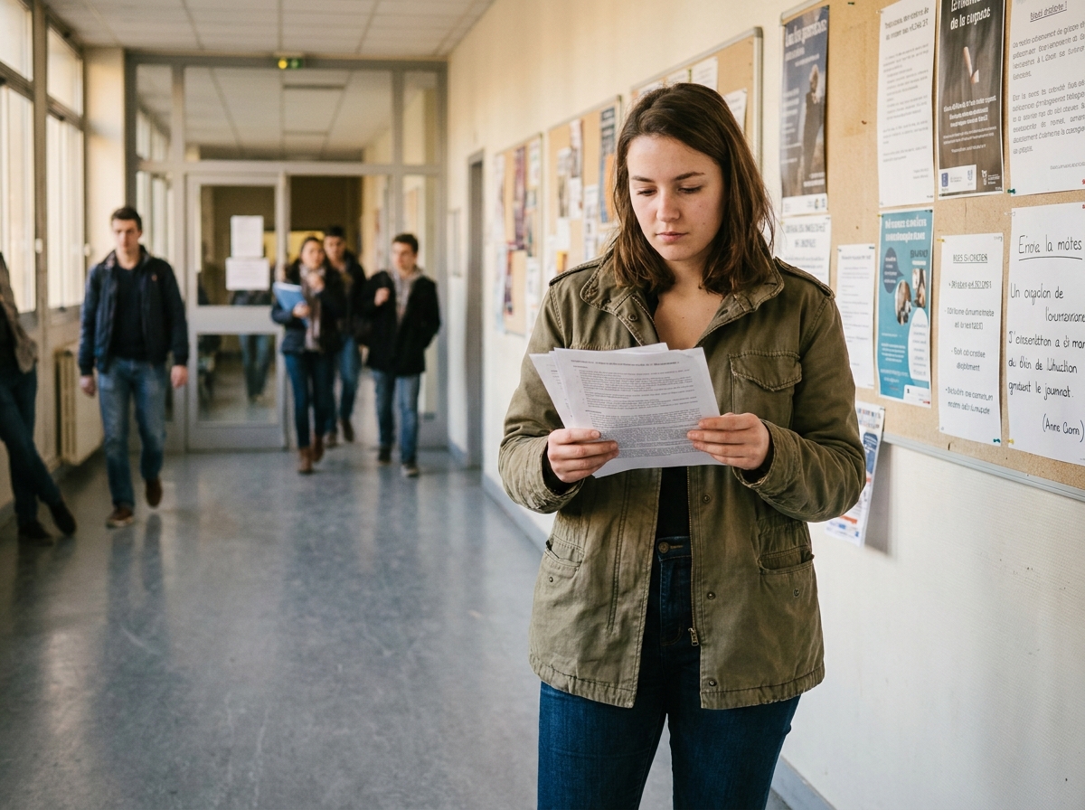 Étudiante en fac de cinéma consultant ses cours dans un couloir universitaire
