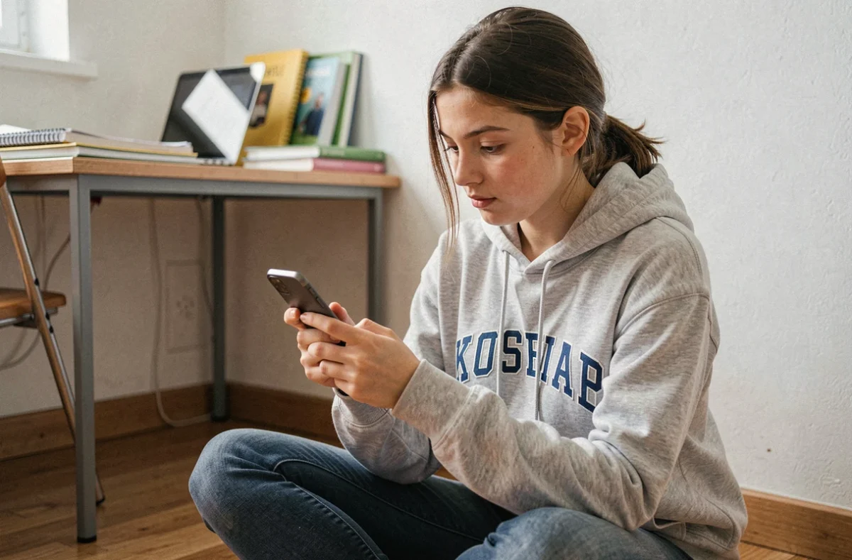 Étudiante consultant l'application MyGEMA sur son smartphone dans sa chambre universitaire