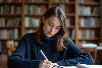 Étudiante rédigeant une dissertation avec introduction et conclusion dans une bibliothèque universitaire