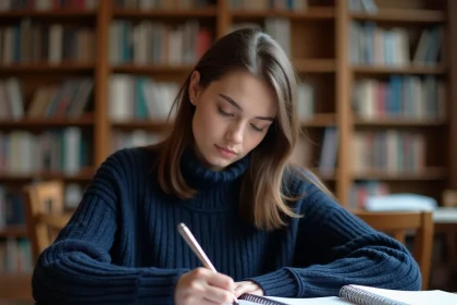 Étudiante rédigeant une dissertation avec introduction et conclusion dans une bibliothèque universitaire