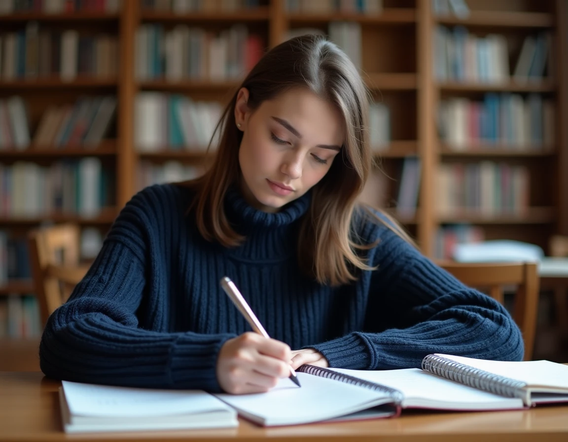 Étudiante rédigeant une dissertation avec introduction et conclusion dans une bibliothèque universitaire