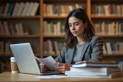 Étudiante salariée qui révise ses cours dans une bibliothèque universitaire du Cnam Saint-Nazaire