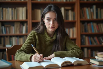 Étudiante en train d'étudier le subjonctif imparfait espagnol dans une bibliothèque universitaire