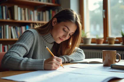 Étudiante en mathématiques traçant une courbe et sa tangente sur papier quadrillé, illustrant le concept de dérivée
