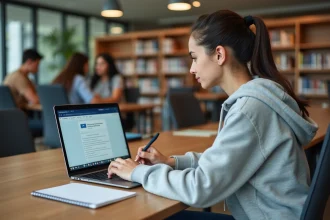 Étudiante universitaire utilisant l'application bancaire UBS ENT sur son ordinateur portable dans une bibliothèque universitaire moderne