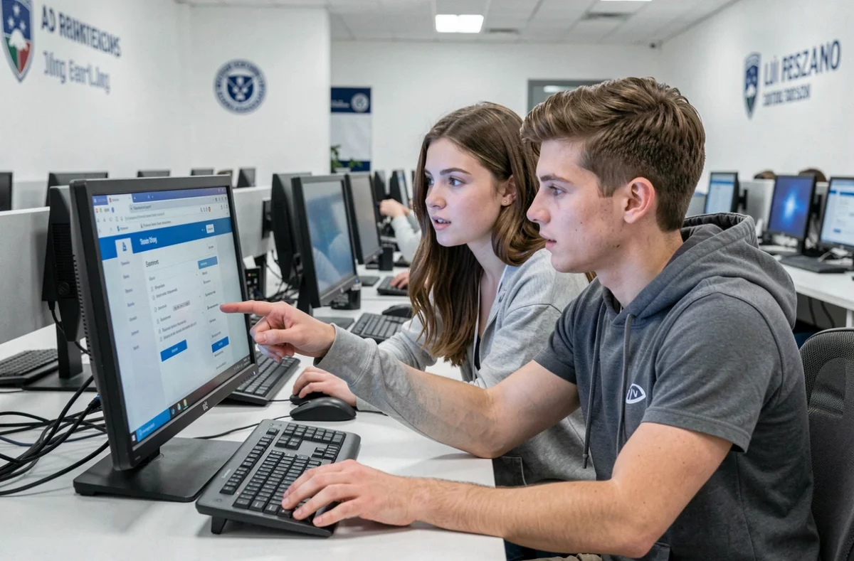 Deux étudiants utilisant ensemble l'ENT de l'université de Normandie dans une salle informatique pour rechercher stages et emplois étudiants