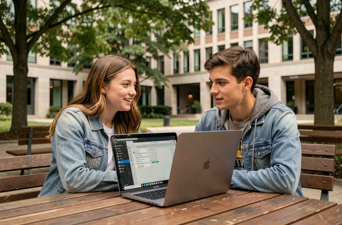 Deux étudiants de l'université Paris Nanterre utilisant l'ENT ensemble en extérieur sur le campus