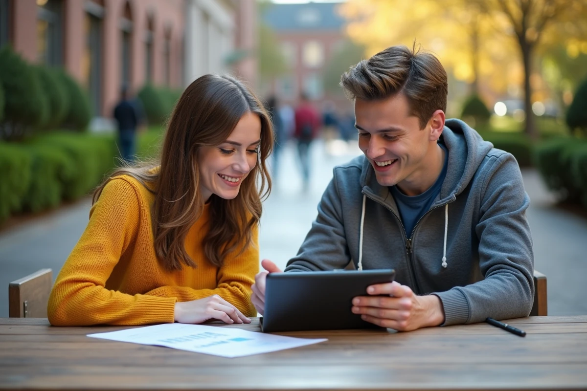 Deux étudiants gérant leurs finances universitaires via UBS ENT sur une tablette en terrasse de campus