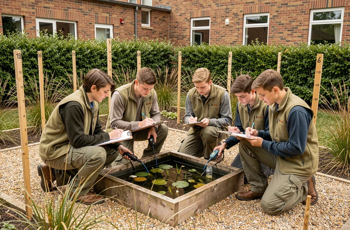 Groupe d'étudiants ingénieurs mesurant la qualité de l'eau dans un jardin écologique expérimental d'une grande école