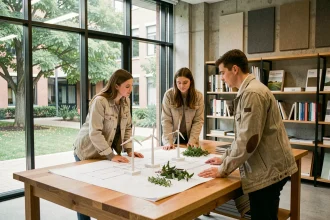 Étudiants en école d'ingénieur travaillant sur des projets de transition écologique dans un laboratoire universitaire moderne