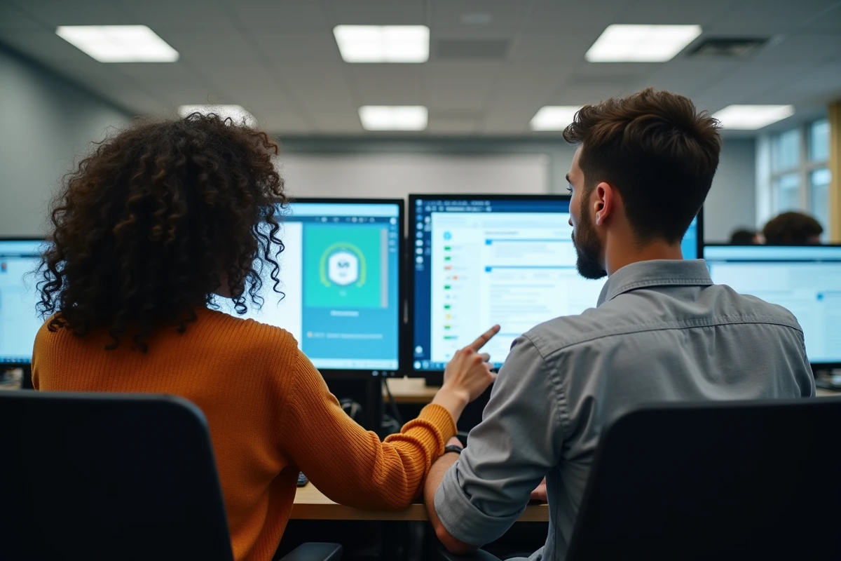 Deux étudiants travaillant ensemble sur l'interface centralisée de l'ENT Paris Nanterre dans une salle informatique
