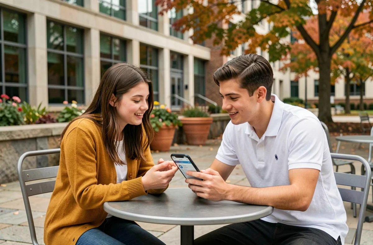Deux étudiants consultant ensemble l'application MyGEMA sur un smartphone en terrasse du campus