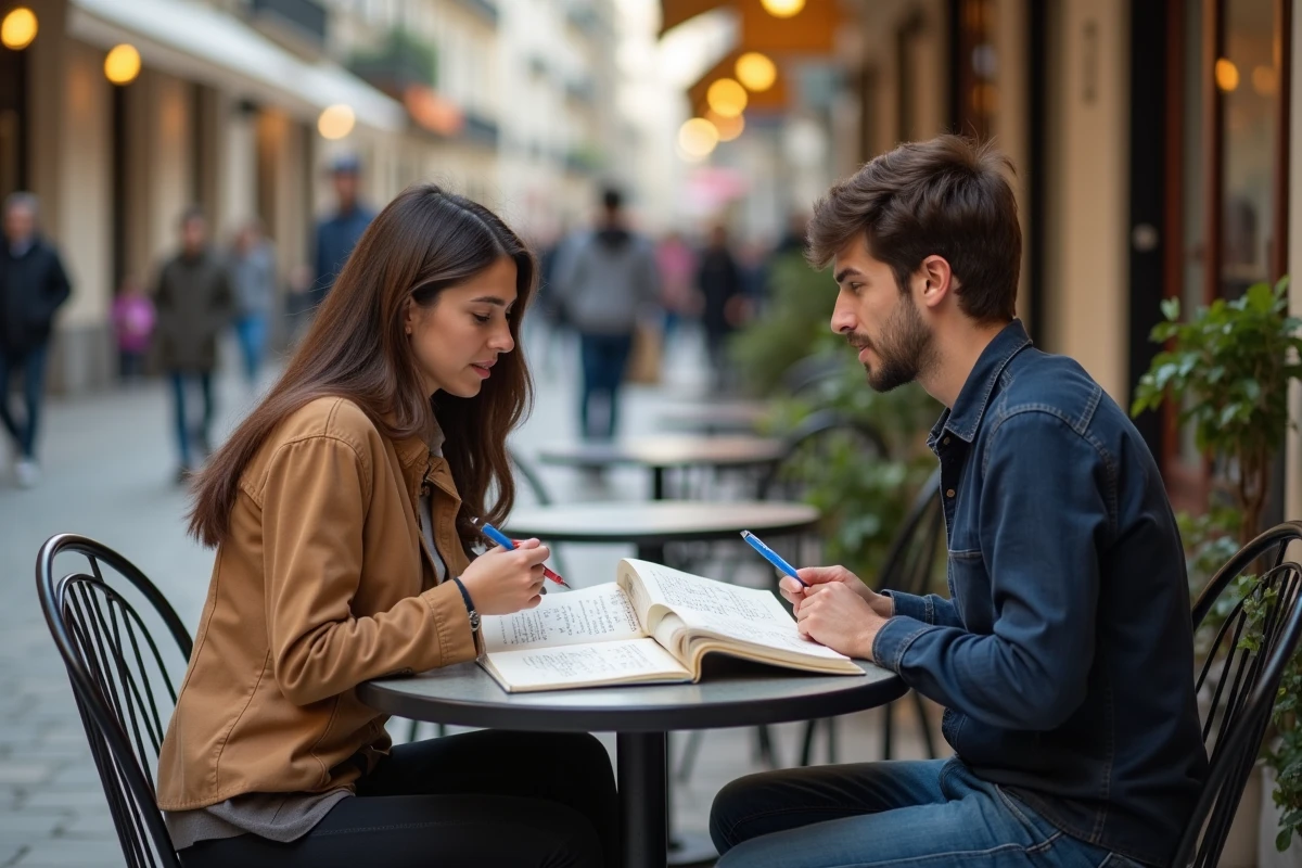 Deux étudiants révisant ensemble les exercices de subjonctif imparfait espagnol en terrasse de café