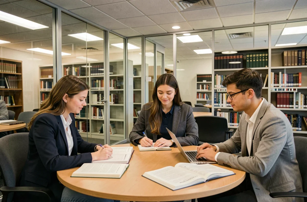Groupe de jeunes étudiants en STMG préparant ensemble un concours de la fonction publique dans une salle d'étude