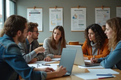 Groupe d'&eacute;tudiants universitaires en discussion dans un espace moderne