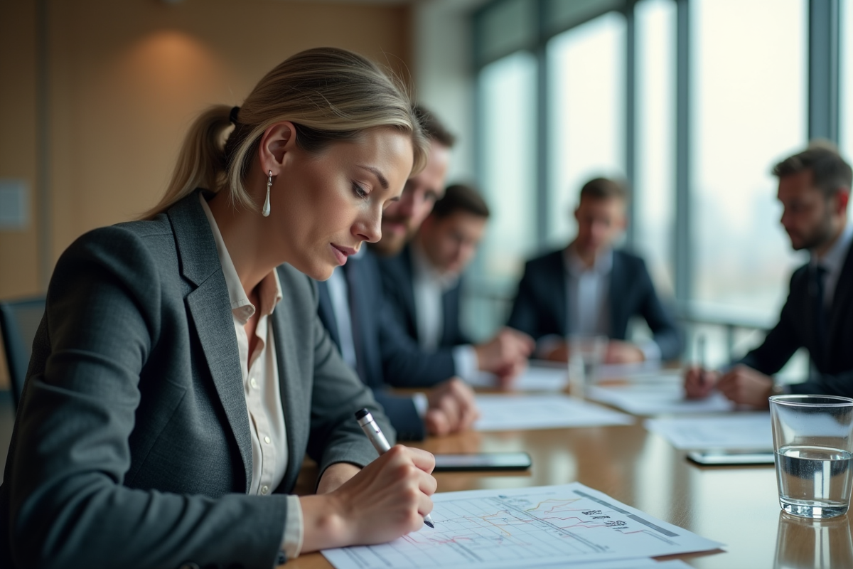 Femme spécialiste en revenu fixe en réunion avec documents