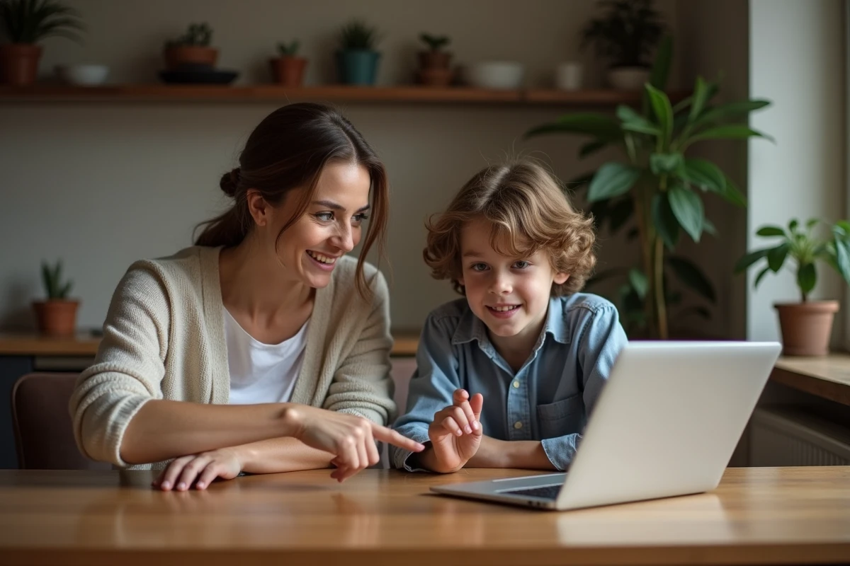 Femme et adolescent utilisant un ordinateur à Nîmes