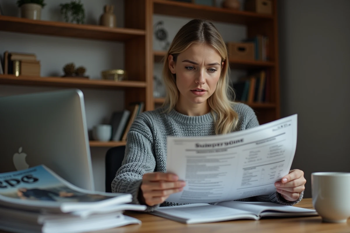 Femme analysant une facture d'abonnement magazine à son bureau à domicile, entourée de revues professionnelles et d'un ordinateur portable