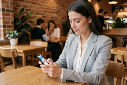 Femme utilisant l'application E Service UHA sur smartphone dans un café moderne