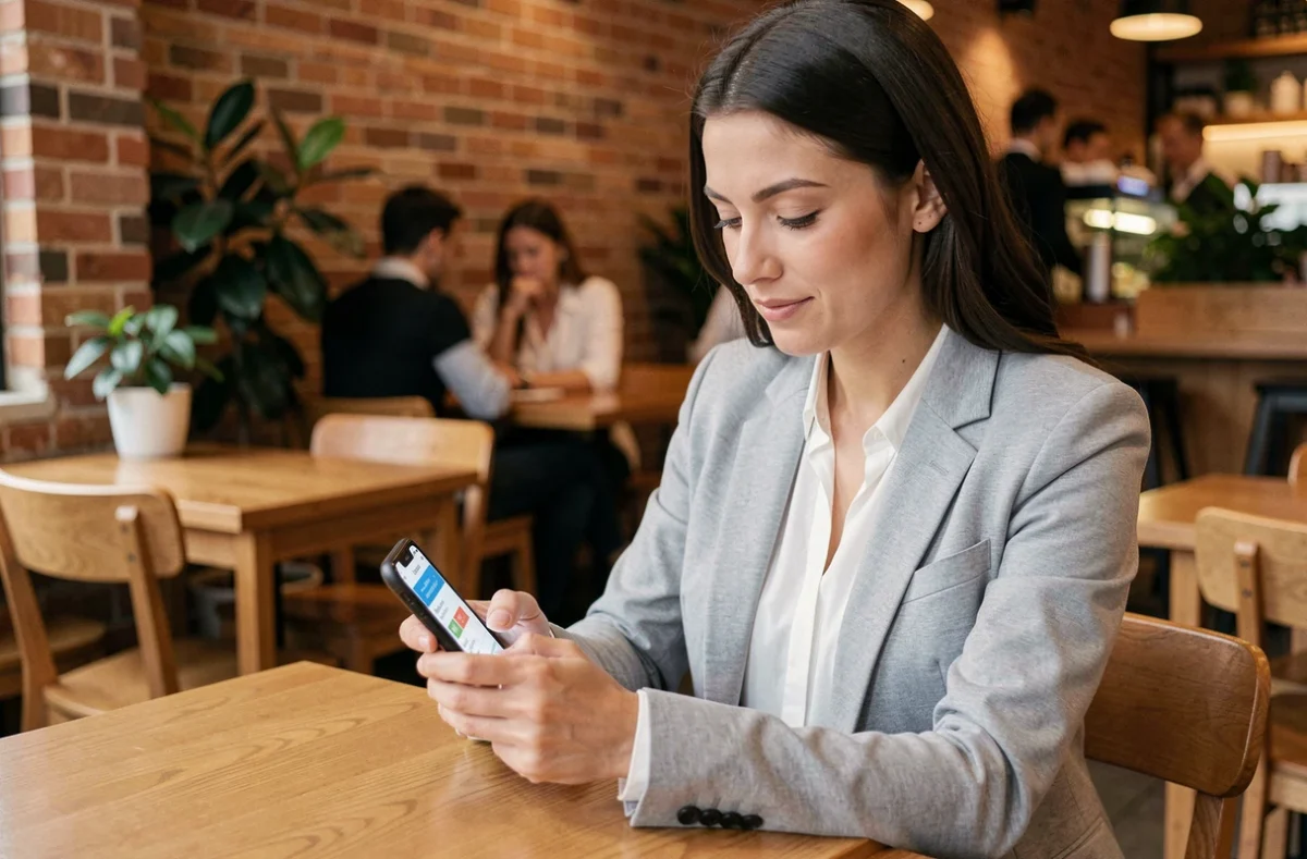 Femme utilisant l'application E Service UHA sur smartphone dans un café moderne