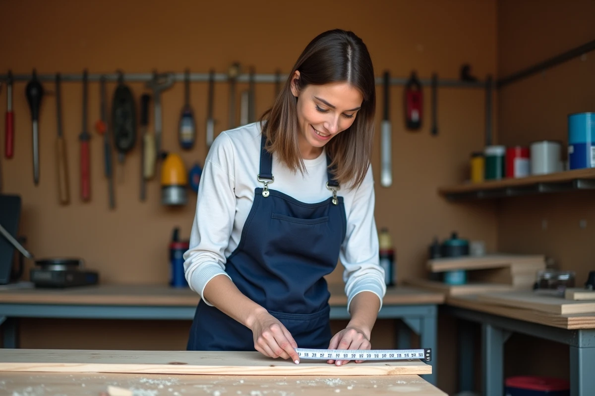 Femme apprentie bricoleur mesurant une planche en bois dans un atelier de garage avec des outils au mur