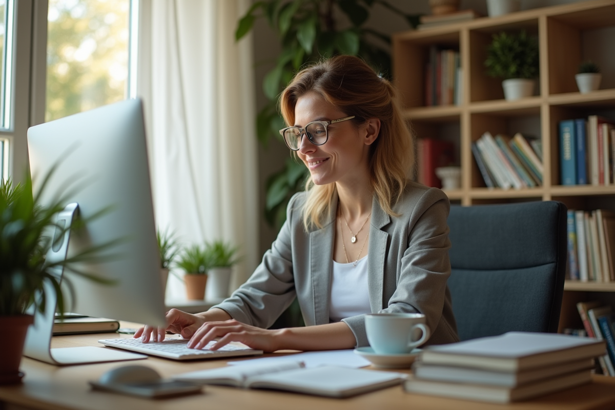 Femme travaillant à son bureau pour apprentissage en ligne