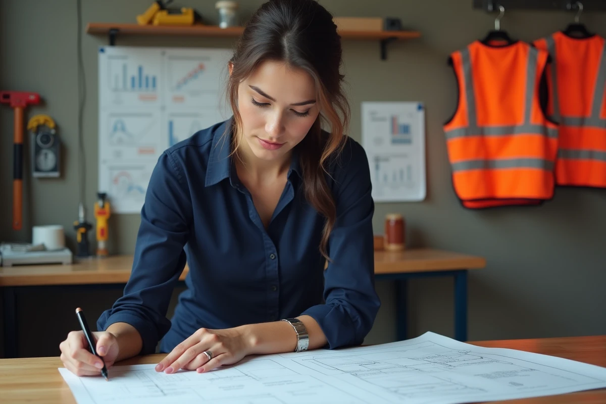 Femme en blouse bleue examinant des plans de construction