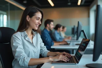 Femme d affaires utilisant un écran d authentification numérique