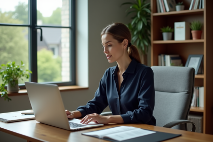 Femme professionnelle travaillant sur un ordinateur dans un bureau moderne