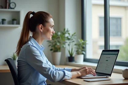 Femme d'affaires au bureau utilisant la plateforme ArenA Amiens