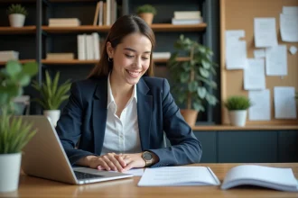 Jeune femme professionnelle organise ses emails au bureau