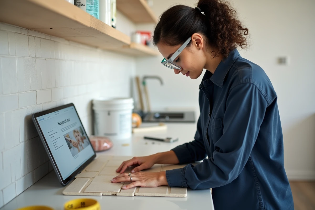 Femme apprenant à poser du carrelage grâce à un tutoriel bricolage en ligne affiché sur une tablette dans une cuisine en rénovation
