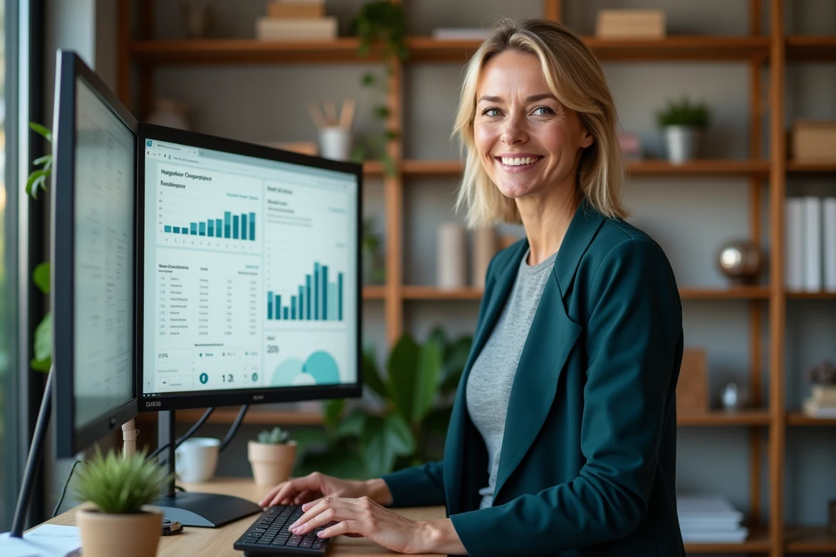 Femme créatrice de contenu analysant les statistiques de sa newsletter sur double écran dans un studio professionnel