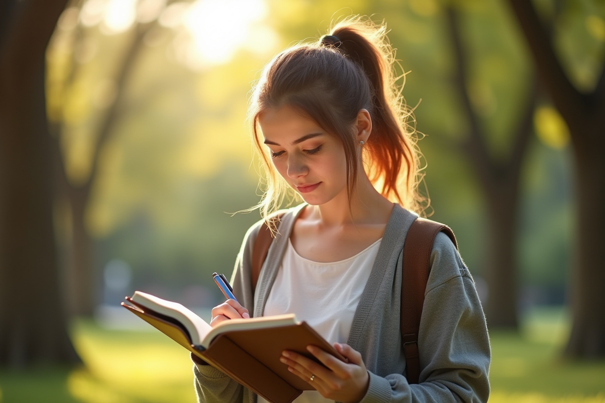 Jeune femme dessinant dans un parc en pleine nature