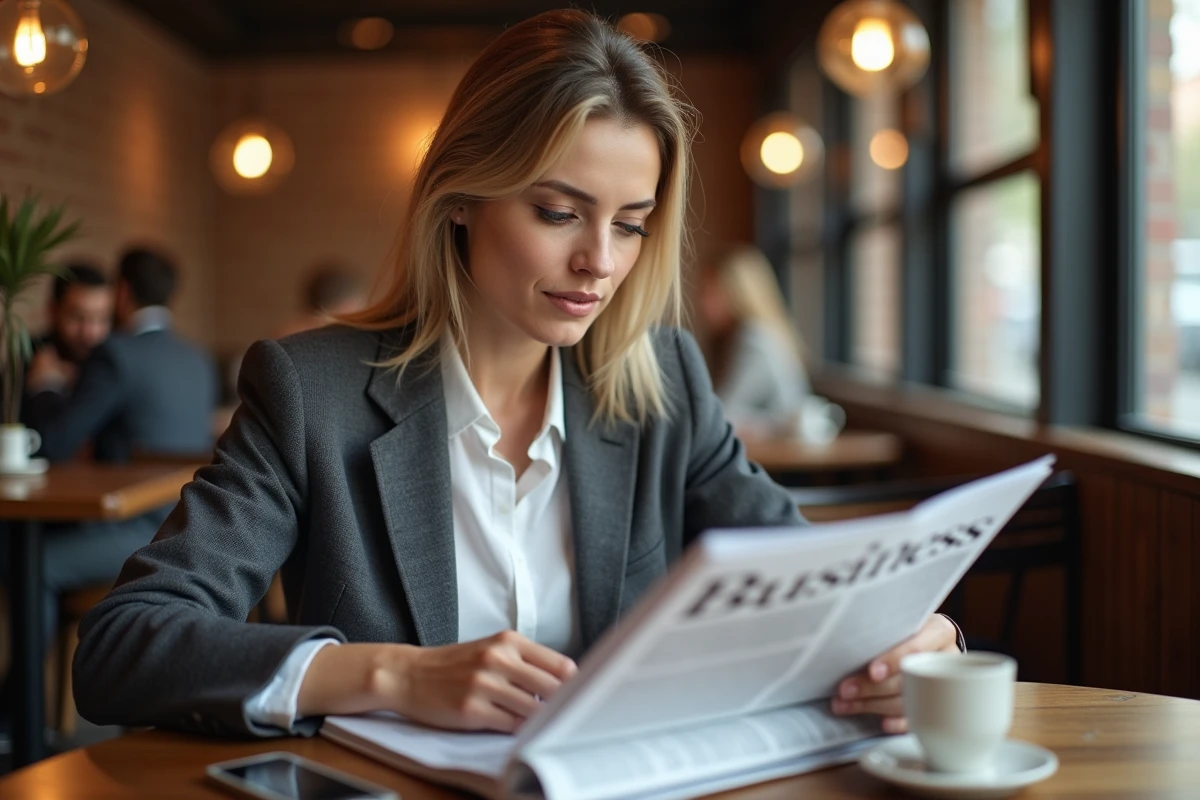 Femme entrepreneur lisant un magazine de formation business dans un café urbain moderne
