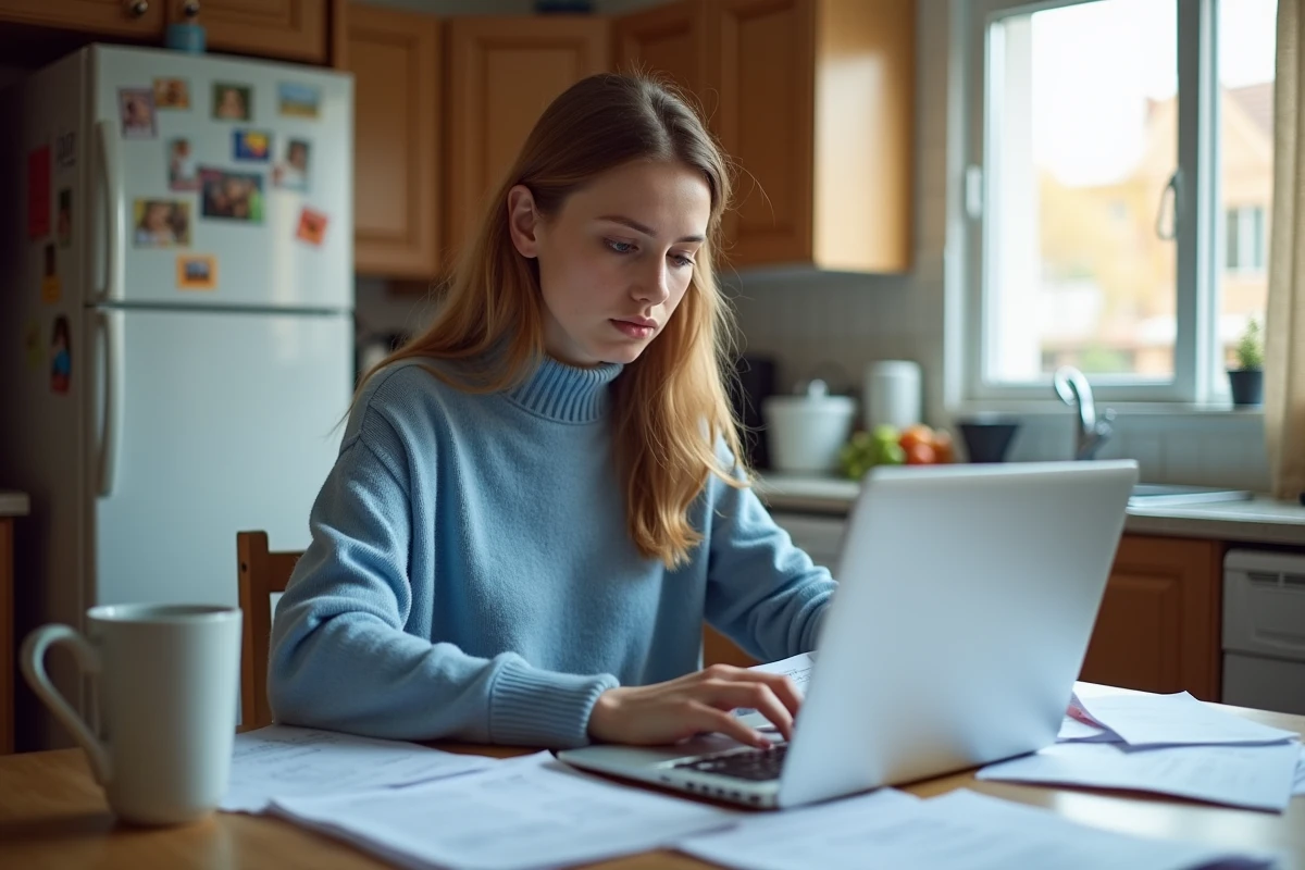 Jeune femme à la maison consulte ses documents financiers