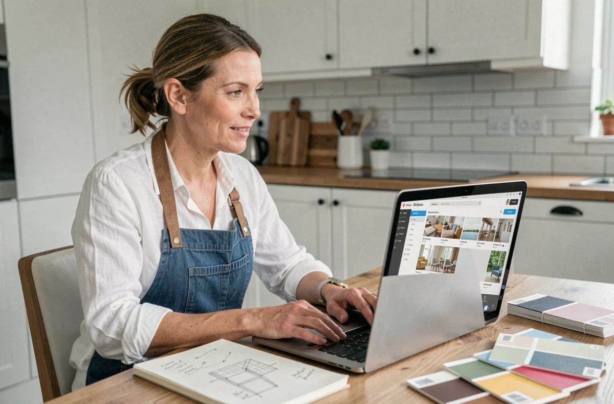 Femme suivant une formation bricolage en ligne sur ordinateur portable avec des échantillons de décoration intérieure
