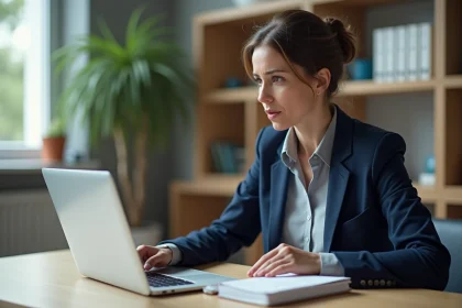 Femme professionnelle consultant son profil LinkedIn sur ordinateur portable dans un bureau à domicile moderne, prenant des notes pour améliorer sa stratégie de formation