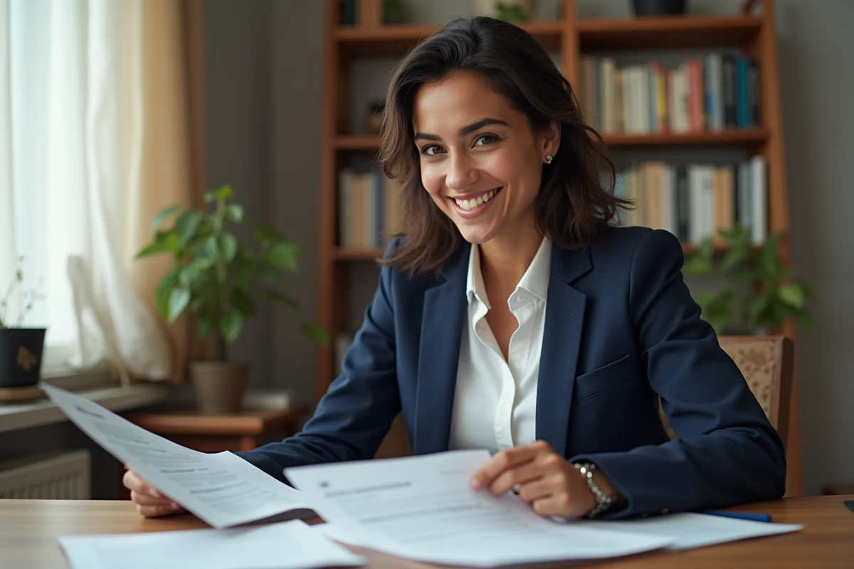 Femme d'origine nord-africaine consultant ses certificats de formation dans un bureau à domicile, symbole de réussite professionnelle malgré un parcours sans diplôme officiel