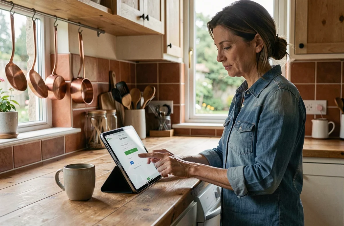 Femme consultant le formulaire d'inscription LeLabDuBricoleur sur une tablette dans une cuisine moderne en bois et céramique