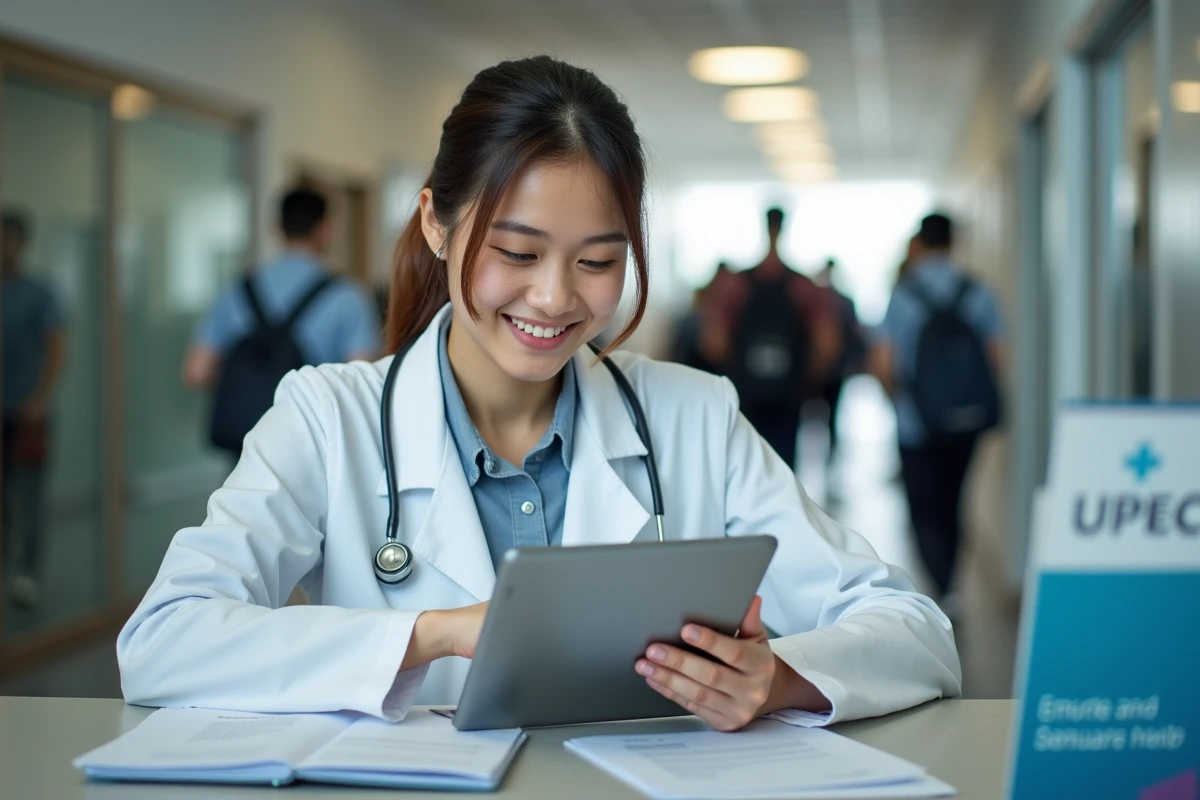 Jeune &eacute;tudiante en blouse blanche consulte un document &agrave; un guichet