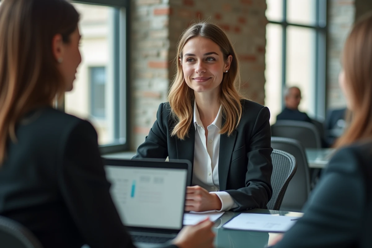Femme en business casual présente un pitch marketing à Bordeaux