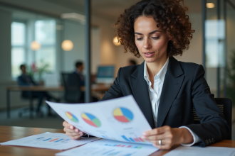 Femme professionnelle étudie des graphiques colorés au bureau