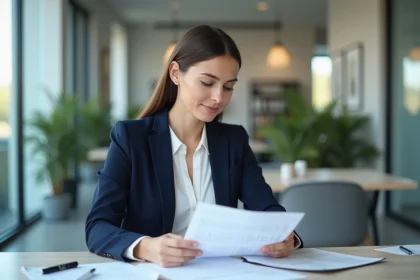 Femme professionnelle relisant une lettre de motivation imprimée dans un bureau moderne