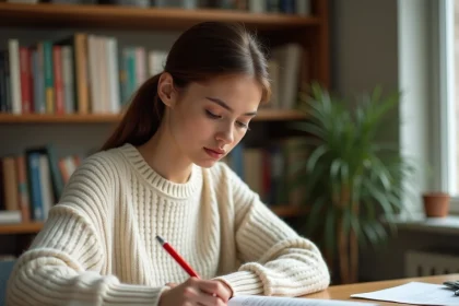 Jeune femme révisant un texte imprimé avec un stylo rouge à son bureau en bois, exercice de ponctuation